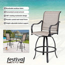 Festival Depot 3-Piece Bar Bistro Patio Outdoor Dining Furniture Sets High Stools 360å¡ Swivel Chairs with Slatted Steel Curved Armrest Square Coffee Side Table Tempered Glass Desktop