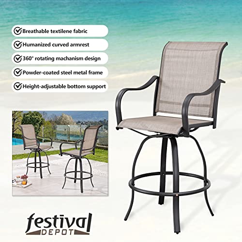 Festival Depot 3-Piece Bar Bistro Patio Outdoor Dining Furniture Sets High Stools 360å¡ Swivel Chairs with Slatted Steel Curved Armrest Square Coffee Side Table Tempered Glass Desktop