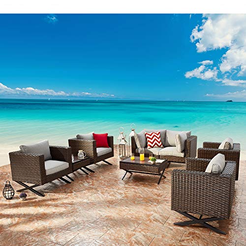 Festival Depot 9 Pcs Outdoor Furniture Patio Conversation Set Sectional Sofa Armchairs with X Shaped Metal Leg All Weather Brown Rattan Wicker Rectangle Square Coffee Table with Grey Seat Back Cushions