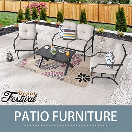 Festival Depot 4 pc Conversation Set Patio Outdoor ArmChairs Loveseat Set with Coffee Table Fabric Metal Frame Furniture Garden Bistro Seating Thick Soft Cushions