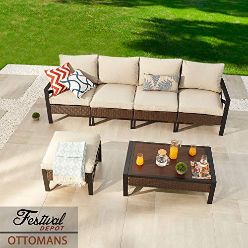 Festival Depot Patio Ottoman Footstool Outdoor Furniture with Wicker Rattan, X Shape Slatted Steel Frame Foot Rest with Premium Fabric Soft Cushion Square for Garden Yard Lawn All-Weather