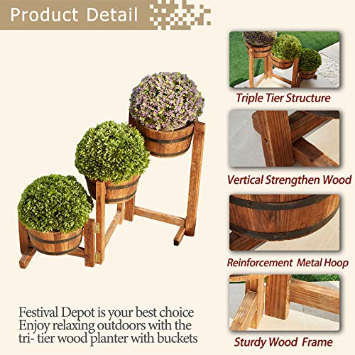 Festival Depot Patio Outdoor Planter Rustic Tri-Tier Wooden Flower Pot Shelf with Buckets Garden Decorative Barrel Stand for FD15113 FD15113