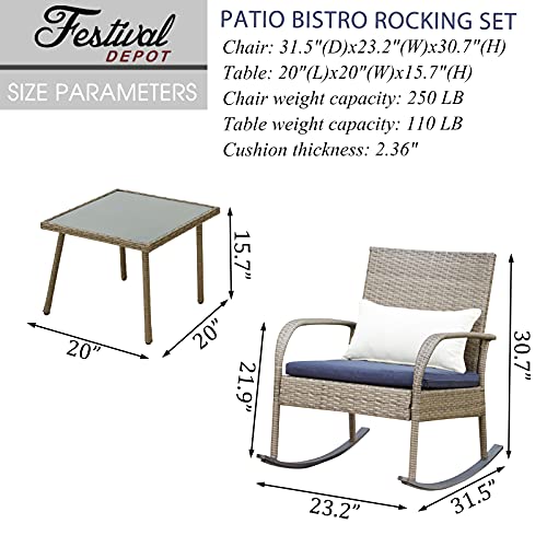 Festival Depot 3 Piece Bistro Set 2 Wicker Rocking Chairs with Cushions in Metal Frame Outdoor Rattan Furniture with Side Glass Coffee Table for Balcony Porch Lawn