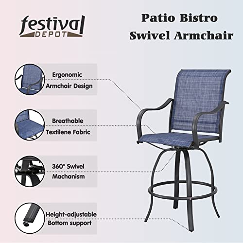 Festival Depot 9-Piece Bar Bistro Patio Outdoor Dining Furniture Sets High Stools 360¡ Swivel Chair with Slatted Steel Curved Armrest Square Side Coffee Side Table Tempered Glass Desktop