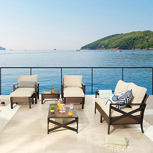 Festival Depot 8 Pcs Patio Outdoor Furniture Conversation Set Sectional Corner Sofa with All-Weather Brown PE Rattan Wicker Back Chair, Ottoman, Coffee Side Table and Removable Couch Cushions