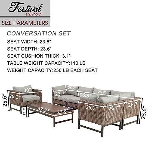 Festival Depot 7 Pieces Patio Outdoor Furniture Conversation Sets Sectional Corner Sofa, All-Weather Brown Manual Weaving Wicker Chairs with Side Coffee Table, Soft Thick Seating Couch Cushions (Grey)