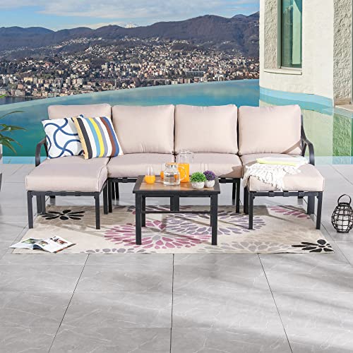 Festival Depot 7 Pcs Patio Conversation Set Sectional Chair Ottoman with Cushions and Coffee Table All Weather Outdoor Furniture for Deck Garden, Beige