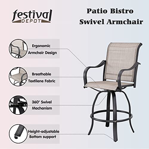 Festival Depot 9-Piece Bar Bistro Patio Outdoor Dining Furniture Sets High Stools 360¡ Swivel Chair with Slatted Steel Curved Armrest Square Side Coffee Side Table Tempered Glass Desktop