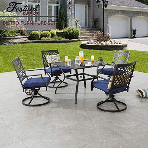 Festival Depot Patio Dining Set 5-Piece Outdoor Metal Furniture Set, 4 Swivel Chairs and 1 Square Dining Table with 1.61" Umbrella Hole for Porch Lawn Garden Balcony Pool Backyard, Black