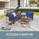 Festival Depot Patio Conversation Set, PE Wicker Four-Seater Corner Conjoined Storage Box Sofa Set, All-Weather Outdoor Furniture with Cushions Rattan Coffee Table for Backyard Garden Indoor (Blue)