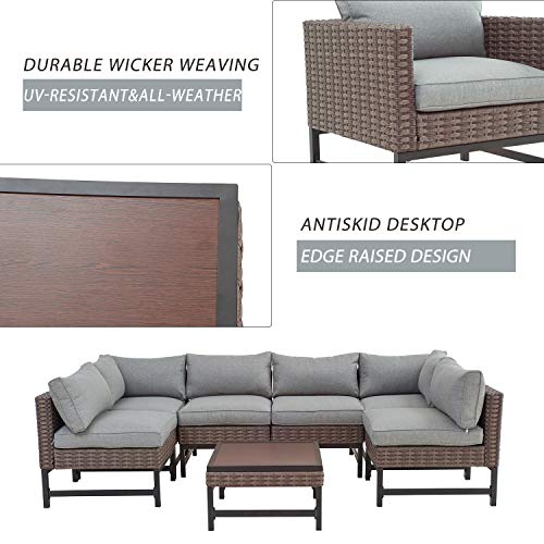 Festival Depot 7 Pieces Patio Outdoor Furniture Conversation Sets Sectional Corner Sofa, Weaving Wicker Chairs with Side Coffee Table and Cushions (Grey)