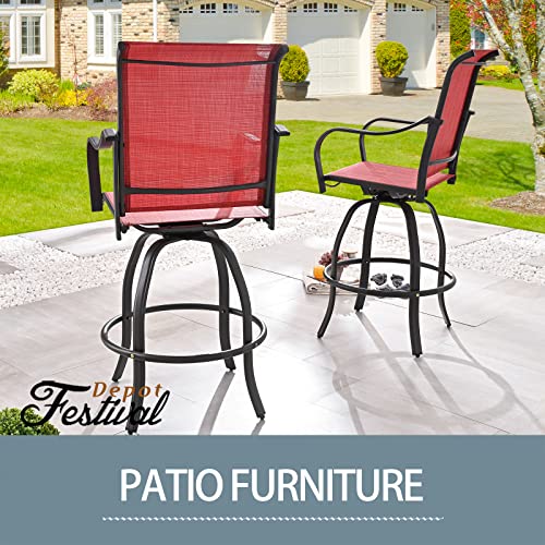 2 Piece Red Bar Height 360° Swivel Chairs Patio Textilene Dining Chairs for Outdoor Bistro Elegance