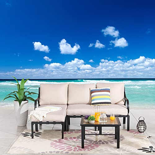 Festival Depot 5 Pieces Patio Conversation Set Sectional Chair Ottoman with Thick Cushions and Side Coffee Table All Weather Metal Outdoor Furniture for Deck Garden, Beige