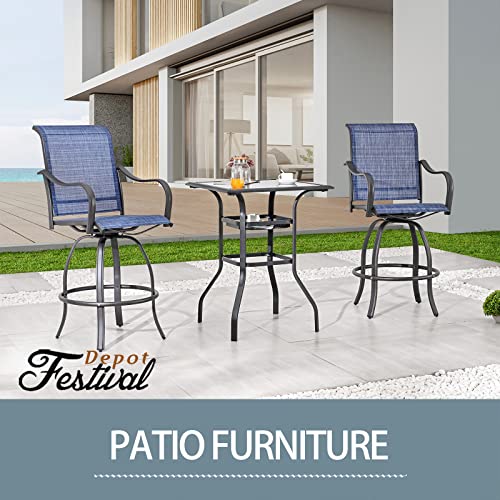 Festival Depot 3 Pcs Patio Bistro Set High Stools Outdoor Furniture with 360å¡ Swivel Armrest Chairs, Tempered Glass Desktop Coffee Table, Metal Frame for Deck Poolside Garden Porch