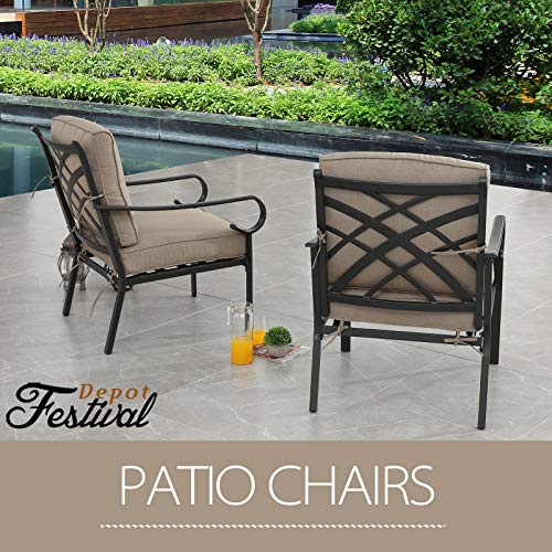 Festival Depot 2 pcs Patio Dining Chairs Metal Bistro Armchairs with Cushions All Weather Outdoor Furniture for Porch Deck Garden, Khaki