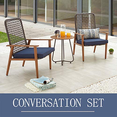 Festival Depot 3 Pieces Patio Outdoor Bistro Set Wooden-Color Armchairs with Cushions Metal Iron Side Table Cafe