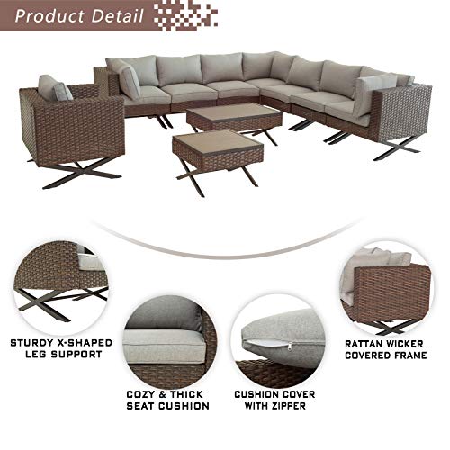 Festival Depot 10pcs Outdoor Furniture Patio Conversation Set Sectional Corner Sofa Chairs with X Shaped Metal Leg All Weather Brown Rattan Wicker Square Side Coffee Table with Grey Seat Back Cushions