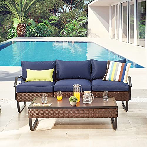 Festival Depot 4 Pieces Patio Furniture Set, All-Weather PE Rattan Wicker Metal Frame Sofa Outdoor Conversation Set Sectional Couch with Cushion and Coffee Table for Deck Poolside (Blue)