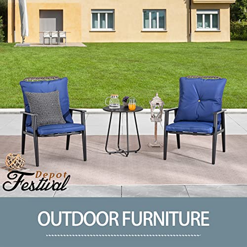 Festival Depot 3 Pcs Patio Bistro Set PE Wicker Conversation Set, Outdoor Furniture Armchairs with Cushions Metal Side Coffee Table for Backyard Porch Balcony Outside Poolside Lawn (Blue)