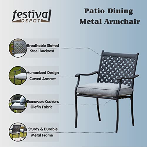 Festival Depot 8-Piece Outdoor Patio Furniture Outdoor Wrought Iron Dining Chairs Set for Porch Lawn Garden Balcony Pool Backyard with Arms and Cushions (8Pcs, Grey)