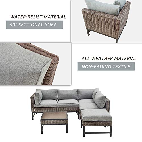 Festival Depot 6 Pieces Patio Outdoor Furniture Conversation Sets Chairs Sectional Corner Sofa, All-Weather Black Slatted Back with Coffee Square Table and Thick Soft Removable Couch Cushions (Grey)