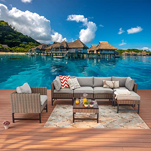 Festival Depot 7 Pieces Patio Outdoor Furniture Conversation Sets Sectional Corner Sofa, Wicker Chairs with Ottoman, Coffee Table and Seating Thick Soft Cushion(Grey)