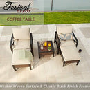 Festival Depot Metal Outdoor Side Coffee End Table Patio Bistro Living Room Dining Table Wood Grain Top Wicker Rattan Furniture with Side X Shaped Slatted Steel Legs Brown Black