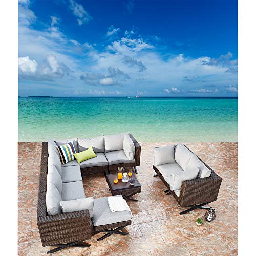 Festival Depot 10pcs Outdoor Furniture Patio Conversation Set Sectional Corner Sofa Chairs with X Shape Metal Leg All Weather Brown Rattan Wicker Ottoman Side Coffee Table with Grey Seat Back Cushions