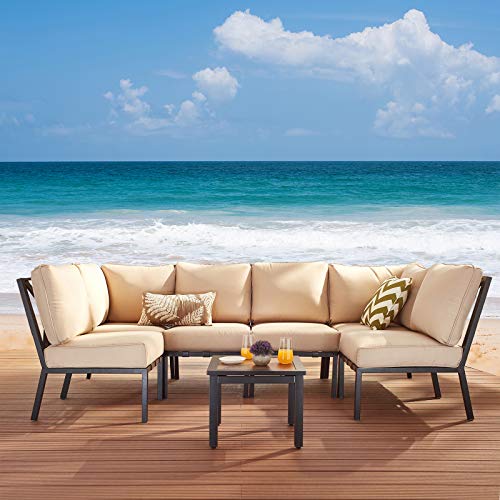Festival Depot 7-Pieces Patio Conversation Sets Outdoor Furniture Sectional Corner Sofa, All-Weather Black Slatted Back Chairs with Coffee Table and Thick Soft Removable Couch Cushions (Beige)