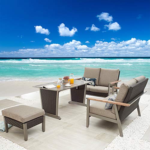 Festival Depot 4pcs Patio Conversation Set Metal Loveseat Chair All Weather Rattan Wicker Armchair with Grey Thick Cushions Ottoman and Coffee Table Outdoor Furniture for Deck Poolside