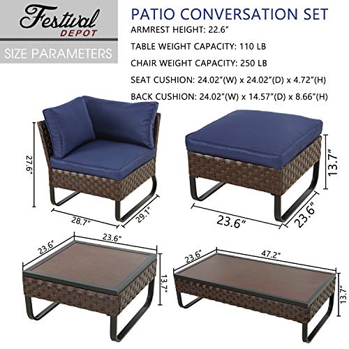 Festival Depot 8 Pcs Patio Conversation Sets Outdoor Furniture Sectional Sofa with All-Weather PE Rattan Wicker Chair Loveseat Coffee Table and Thick Soft Removable Couch Cushions(Blue)