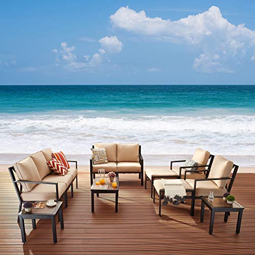 Festival Depot 12-Pieces Patio Outdoor Furniture Conversation Sets Loveseat Sectional Sofa, All-Weather Black X Slatted Back Chair with Coffee Table and Thick Removable Couch Cushions (Beige)