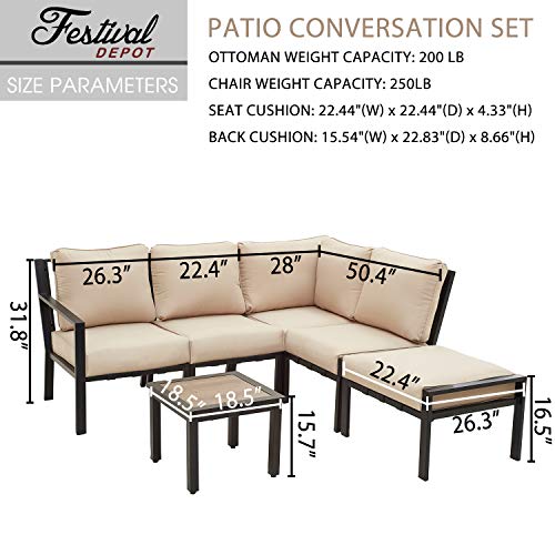Festival Depot 6-Pieces Patio Outdoor Furniture Conversation Sets Sectional Corner Sofa, All-Weather Black X Slatted Back Chairs with Coffee Table and Thick Soft Removable Couch Cushions (Beige)
