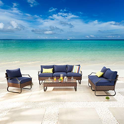 Festival Depot 7 Pieces Patio Conversation Sets Loveseat Outdoor Furniture Sectional Sofa with All-Weather PE Rattan Wicker Back Armchair, Coffee Table and Soft Removable Couch Cushions (Blue)