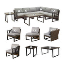 Festival Depot 8pcs Outdoor Furniture Patio Conversation Set Sectional Corner Sofa Chairs All Weather Brown Rattan Wicker Slatted Coffee Table End Table with Grey Thick Seat Back Cushions, Black