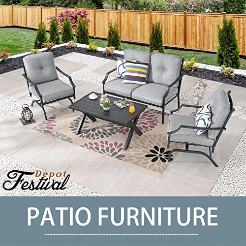 Festival Depot 4 pc Conversation Set Patio Outdoor ArmChairs Loveseat Set with Coffee Table Fabric Metal Frame Furniture Garden Bistro Seating Thick Soft Cushions