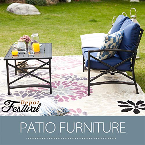 Festival Depot 2pcs Outdoor Furniture Patio Conversation Set Metal Coffee Table Loveseat Armchairs with Seat and Back Cushions Without Pillows for Lawn Beach Backyard Pool, Khaki
