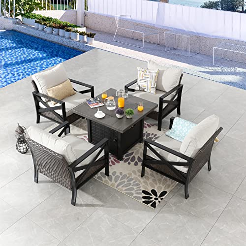 Sports Festival 5 Pcs Outdoor Fire Propane Pit Conversation Set, 4 Patio Dining X Shapped Armchair Chair with Cushions Metal Frame and 34 inch 50000 BTU Auto-Ignition Square Propane Gas Fire Pit Table