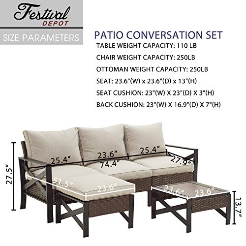 Festival Depot 5 Pieces Patio Conversation Set Outdoor Furniture Sectional Sofa with All-Weather Brown PE Rattan Wicker Back Chair, Coffee Table, Ottoman and Thick Soft Removable Couch Cushions
