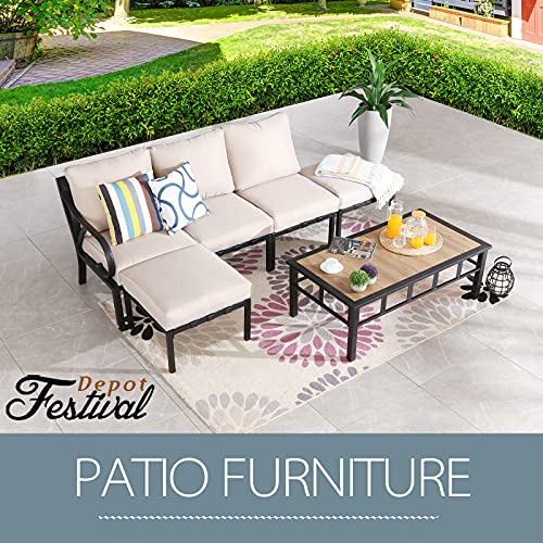 Festival Depot 6 Pcs Patio Conversation Set Sectional Corner Chair with Cushions Ottoman and Coffee Table All Weather Metal Outdoor Furniture for Deck Poolside, Beige