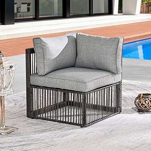 Festival Depot Wicker Patio Single Sofa, Outdoor Left-arm Chair, All-Weather Brown PE Rattan Couch Chair Waterproof Sectional Furniture for Balcony Garden Pool Lawn Backyard (Grey Thick Cushion)