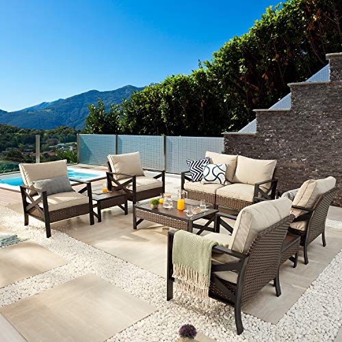 Festival Depot 9 Pcs Patio Outdoor Furniture Conversation Set Sectional Sofa with All-Weather Brown PE Rattan Wicker Back Chair, Coffee Side Table and Soft Thick Removable Couch Cushions