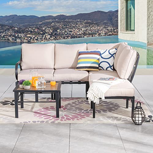 Festival Depot 6 Pieces Patio Conversation Set Sectional Corner Chair Ottoman with Cushions and Side Table All Weather Metal Outdoor Furniture for Deck Garden, Beige