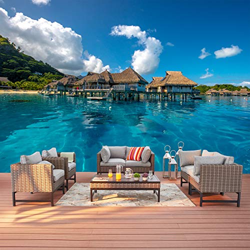 Festival Depot Patio 7 Pieces Outdoor Conversation Sets Furniture Sectional Corner Sofa, All-Weather Brown Manual Weaving Wicker Chairs with Side Coffee Table, Soft Back Seating Couch Cushions (Grey)