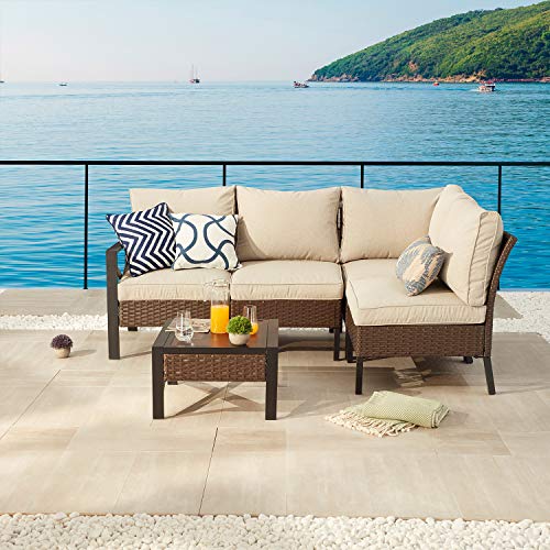 Festival Depot 5 Pcs Patio Outdoor Furniture Conversation Set Sectional Corner Sofa with All-Weather Brown Wicker Back Chair, Coffee Side Table, Ottoman and Soft Thick Removable Couch Cushion