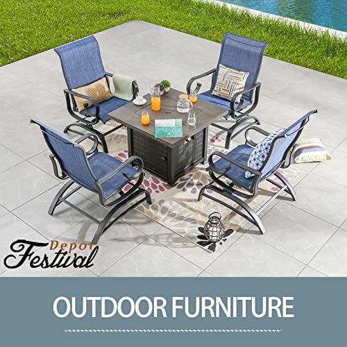 Festival Depot 5Pcs Patio Fire Pit Table Set, Outdoor Furniture Conversation Set, Propane Square Table and 4 Armchairs with High Textilene Back and Metal Frame for Backyard Porch Deck Garden (Blue)