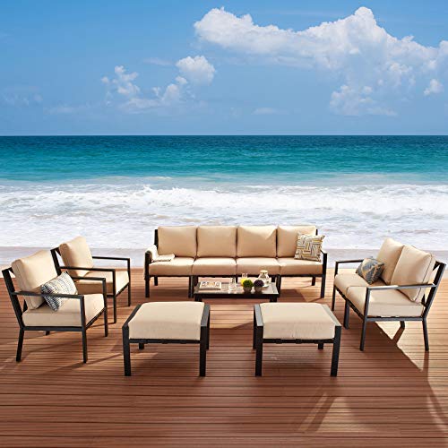 Festival Depot 11-Pieces Patio Outdoor Furniture Conversation Sets Loveseat Sectional Sofa, All-Weather Black X Slatted Back Armchair with Coffee Table and Removable Couch Cushions (Beige)
