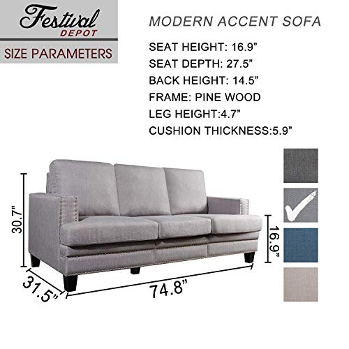 Festival Depot 1 Piece Indoor Modern Fabric Furniture Rivet Edge Armrest 3-Seat Sofa Couch for Living Room Bedroom with Comfortable Seat, 74.8" x 31.5" x 30.7"