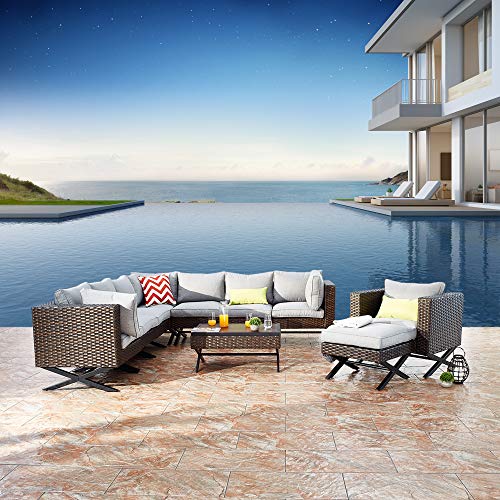Festival Depot 10pcs Outdoor Furniture Patio Conversation Set Sectional Corner Sofa Chairs with X Shaped Metal Leg All Weather Brown Rattan Wicker Ottoman Coffee Table with Grey Seat Back Cushions