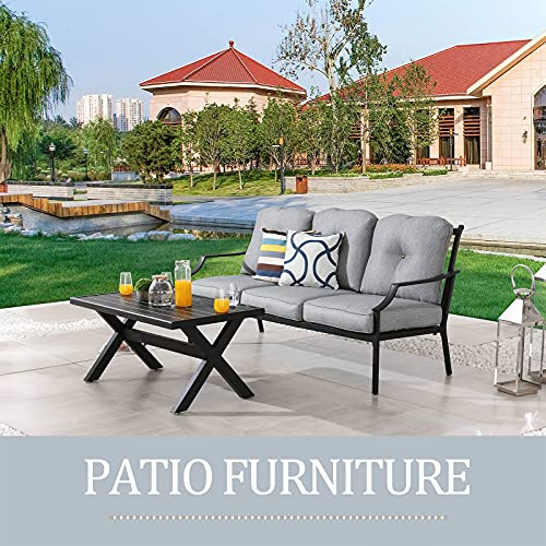 Festival Depot 2 Pcs Metal Furniture Outdoor Loveseat Patio Sofa with Coffee Table 3-Seating Outside Couch with Cushions for Deck Porch Backyard